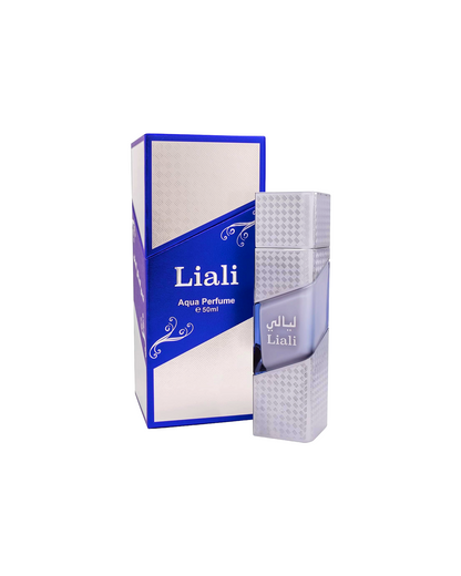 LIALI AQUA PARFUM BY NASEEM PERFUMES BOTTLE BESIDE ITS BOX SHOWS AGAINST WHITE BACKGROUND