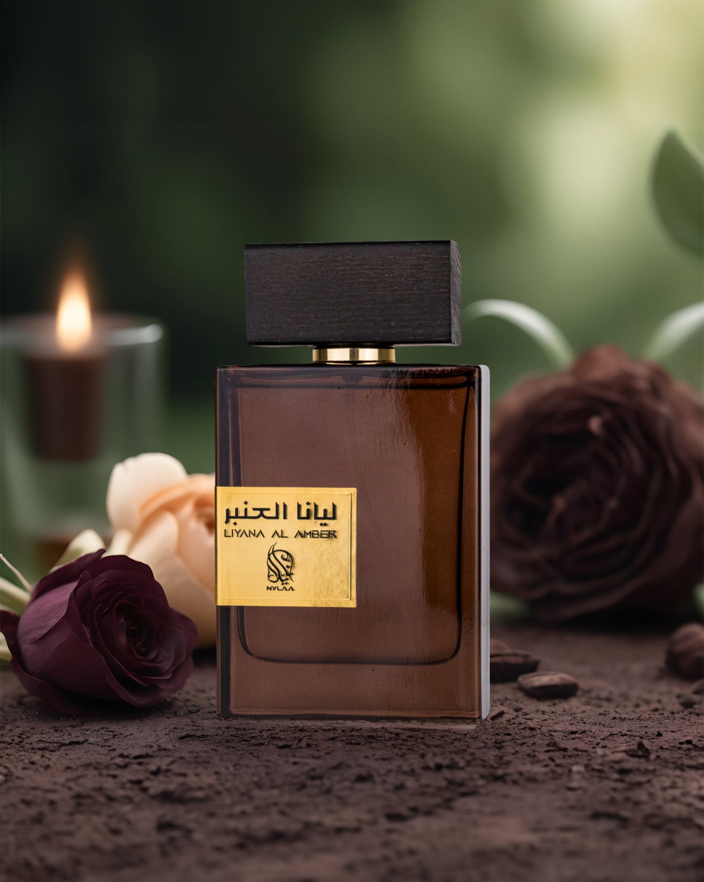 liyana al amber brown colour perfume bottle photograph over dry mud besides the fallen black rose with small candle at background