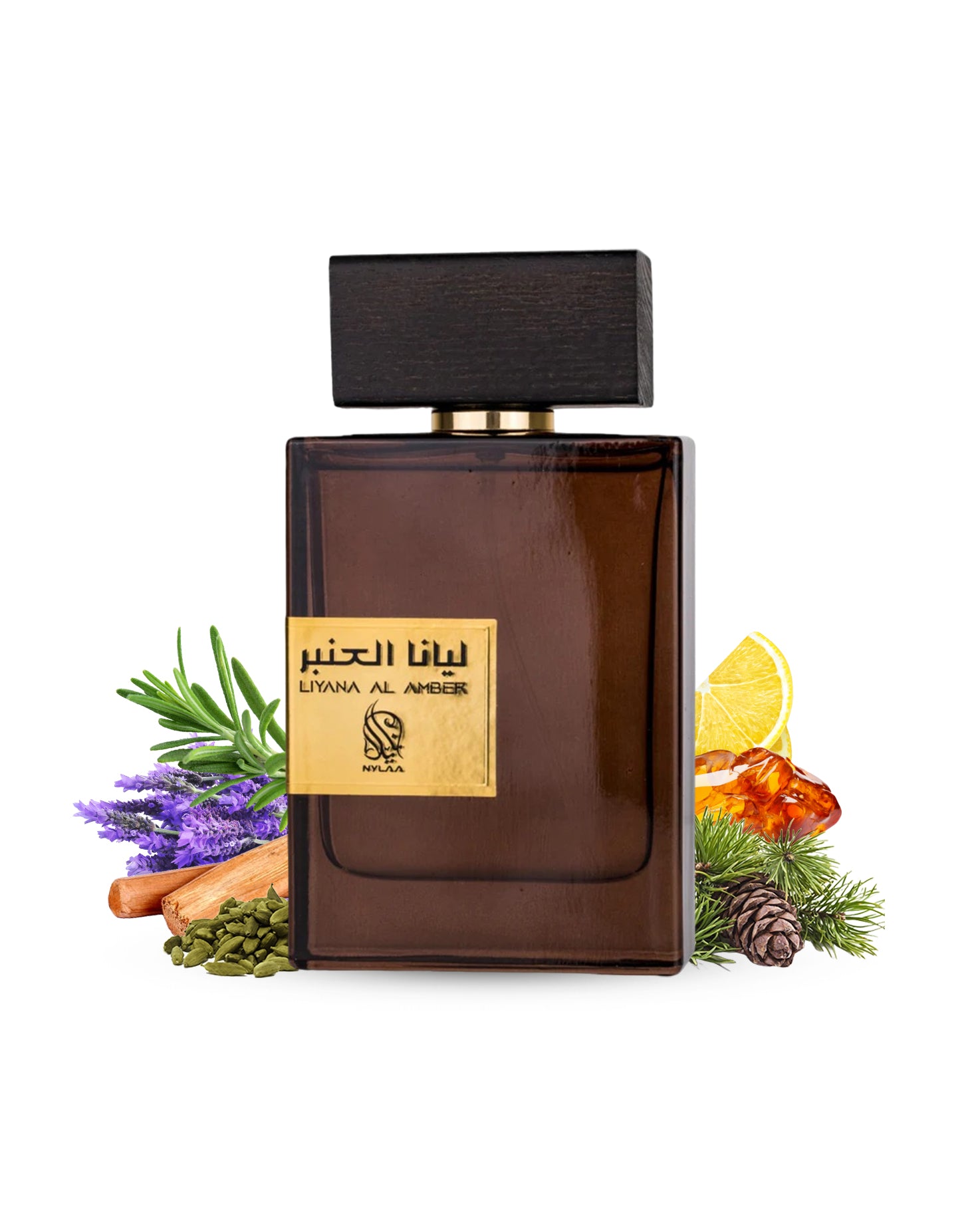 liyana al amber brown colour perfume bottle surrounded with its ingredients like cloves and amber shoes from behind the perfume bottle against white background 