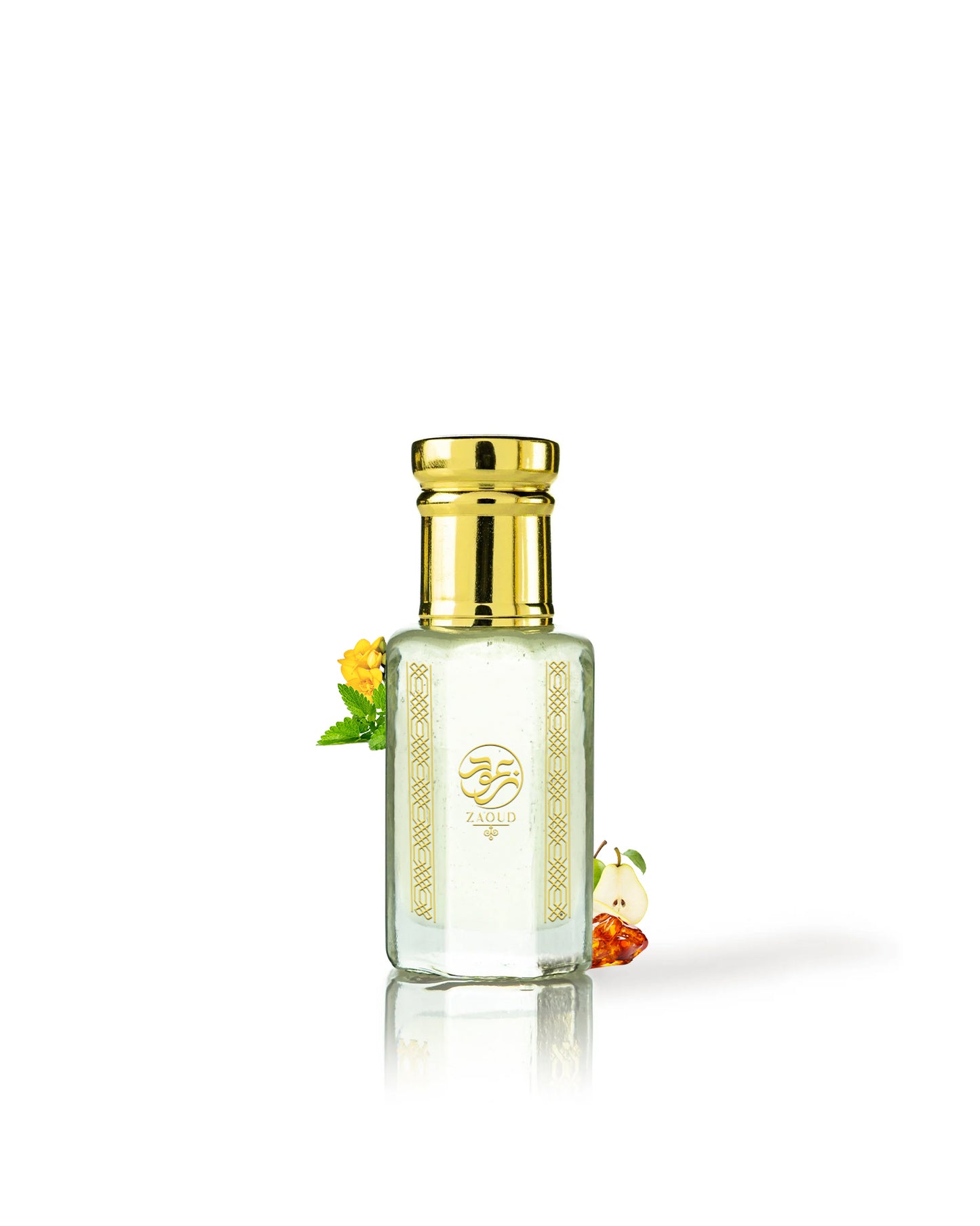 LUSIA English Pear Perfume oil bottle surrounded with fragrance notes like amber and pear aGAINST WHITE BACKGROUND