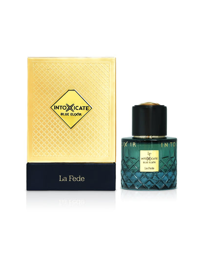 LA FEDE INTOXICATE BLUE ELIXIR perfume bottle shows beside its box against white background