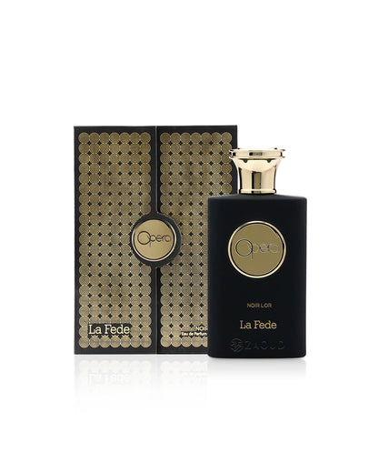 LA FEDE OPERA NOIR L'OR perfume bottle shows beside its box against white background