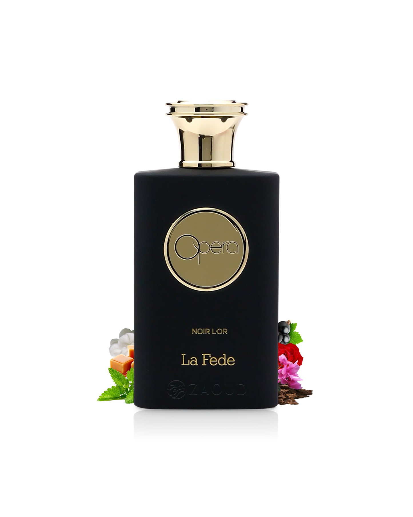 LA FEDE OPERA NOIR L'OR perfume bottle surrounded with fragrance notes like caramel and oud shows against white background