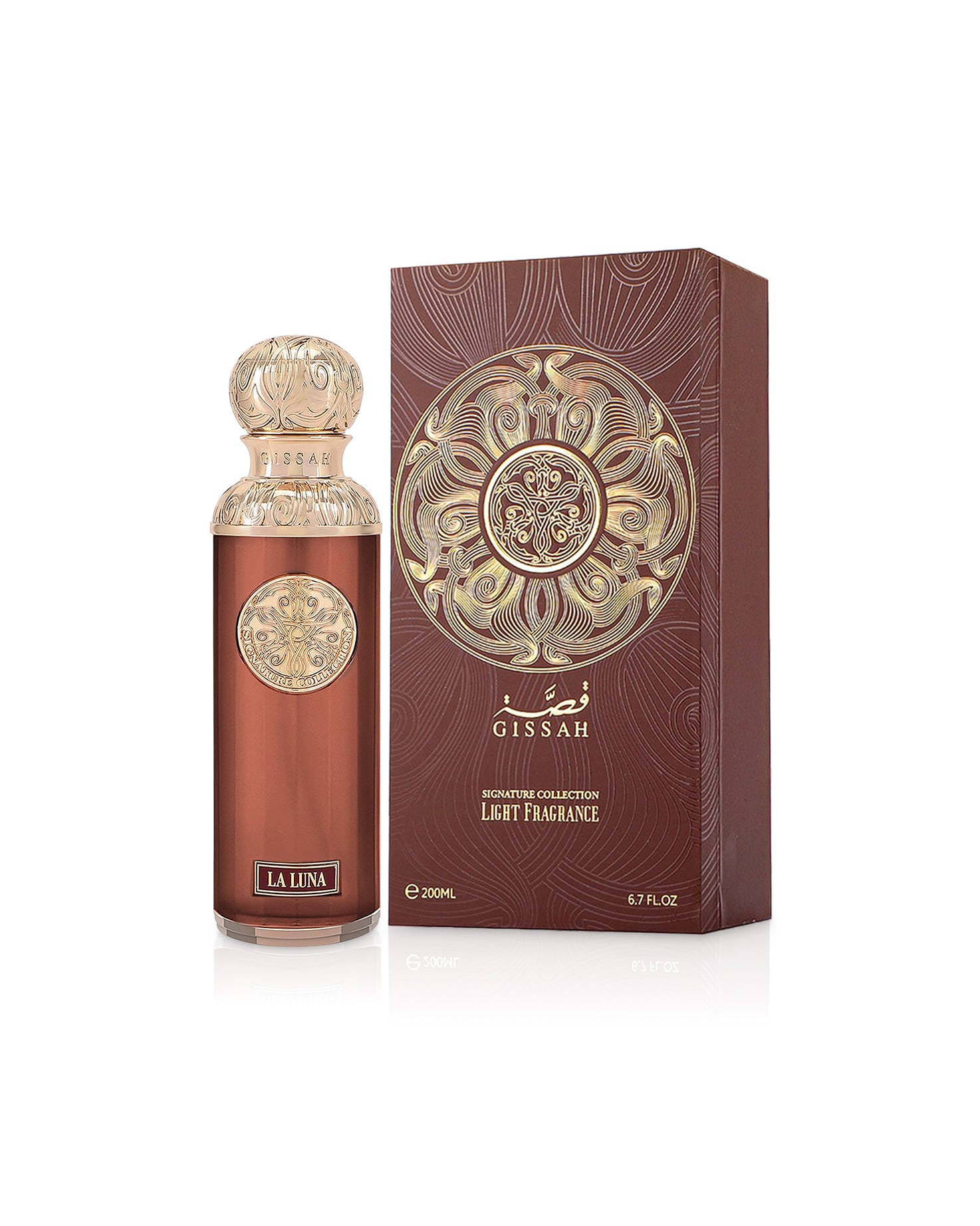 la luna valley gissah perfume bottle beside box shows against white background