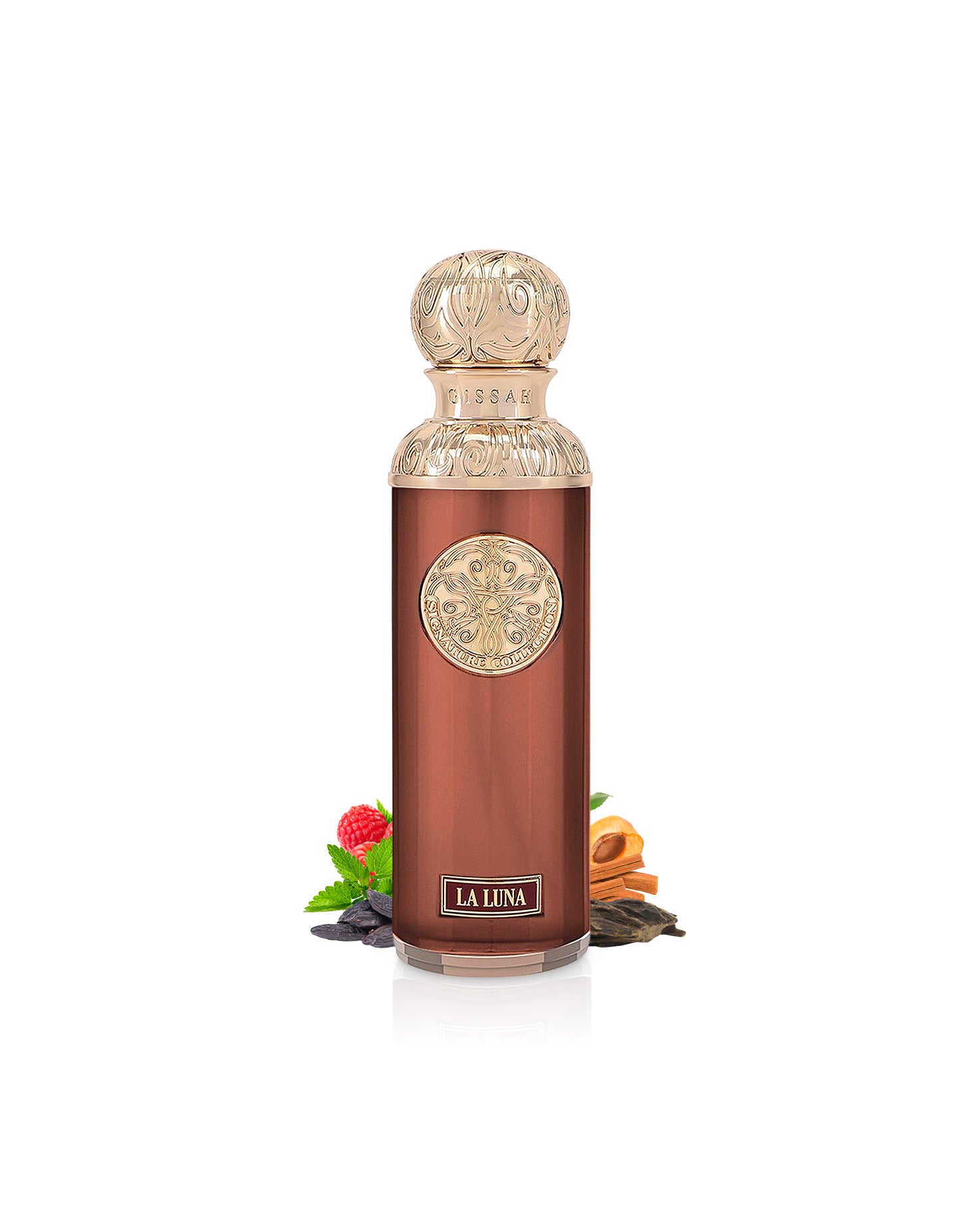 la luna valley gissah perfume bottle surrounded with fragrance notes like tonka beans and apricot shows against white background