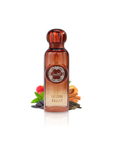 la luna valley gissah perfume bottle surrounded with fragrance notes like tonka beans and apricot shows against white background