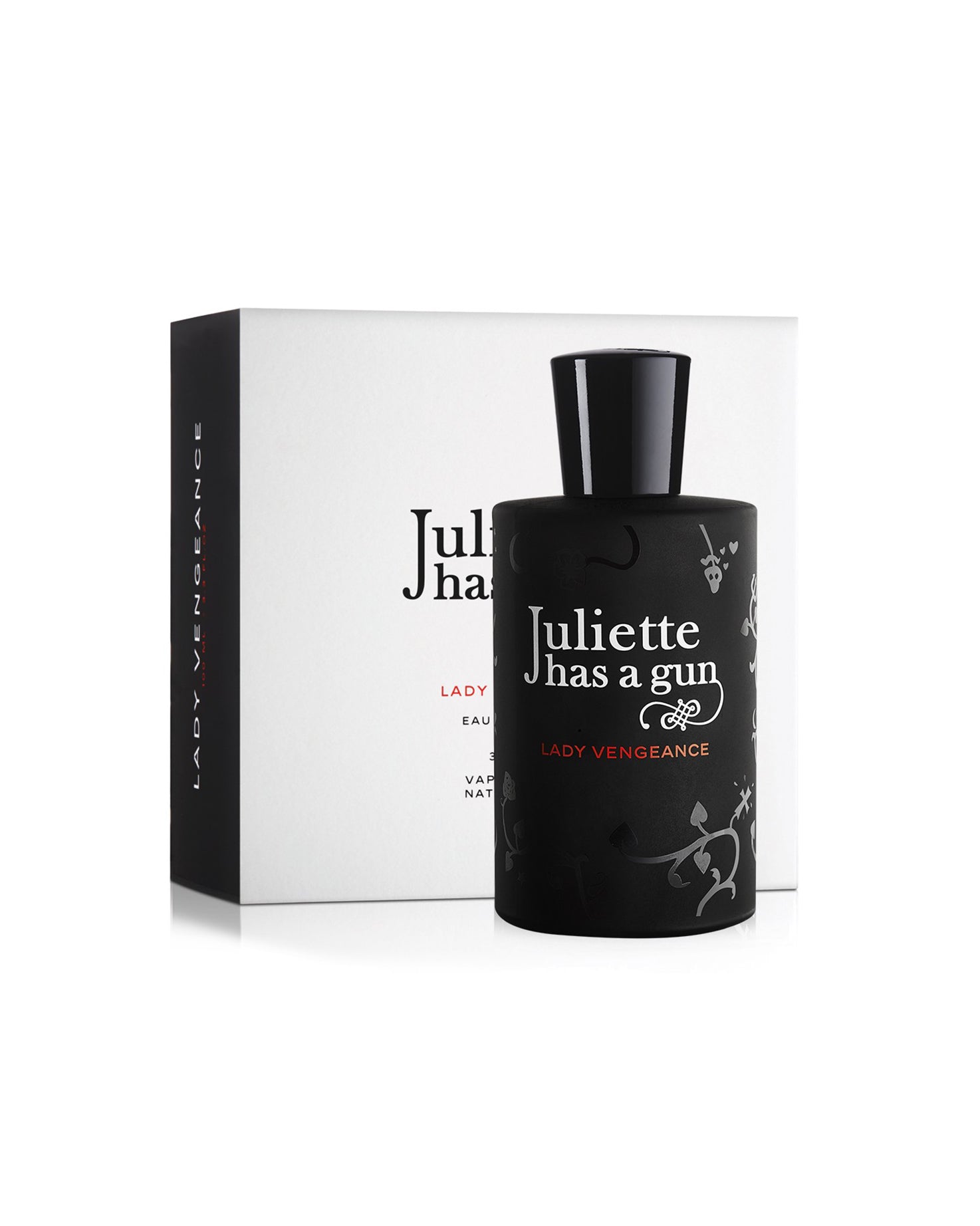 Lady Vengeance edp perfume bottle and box against white background