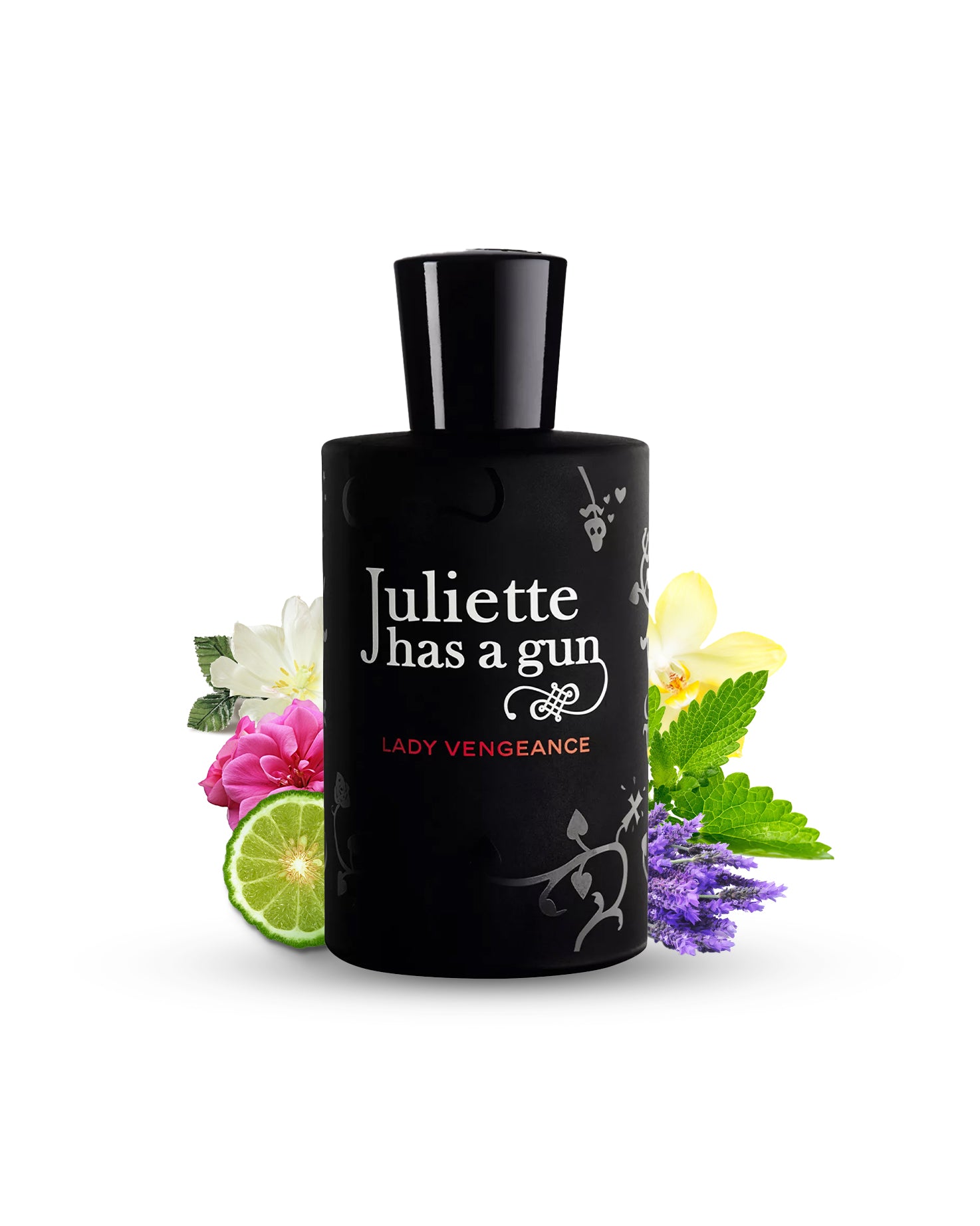 Lady Vengeance edp perfume bottle surrounded by vanilla patchouli against white background