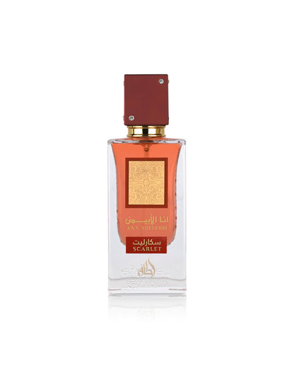 lattafa ana abiyedh scarlet Perfume bottle with red cap and gold accents on a white background