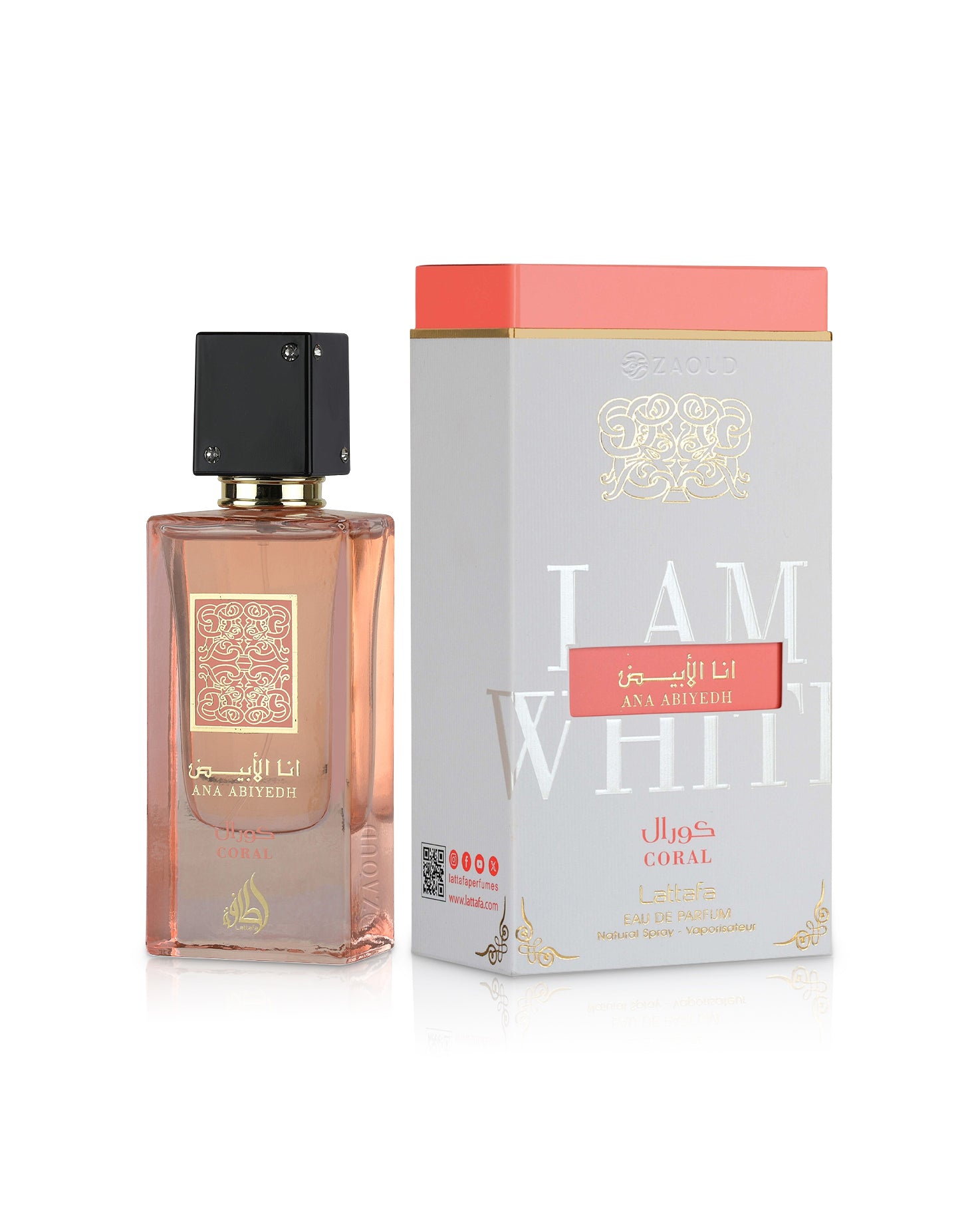 lattafa ana abiyedh coral perfume bottle shows beside its box against white background