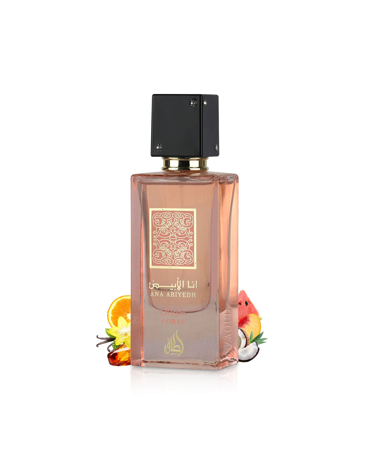 lattafa ana abiyedh coral perfume bottle surrounded with fragrance notes like watermelon and coconut shows against white background