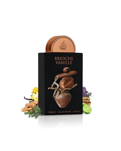 Lattafa BRIOCHE VANILLE perfume bottle surrounded with fragrance notes like bergamot an vanilla shows against white background