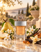 lattafa beyond precious perfume bottle photograph over reflected surface beside amber vanilla and pear against blury natural background