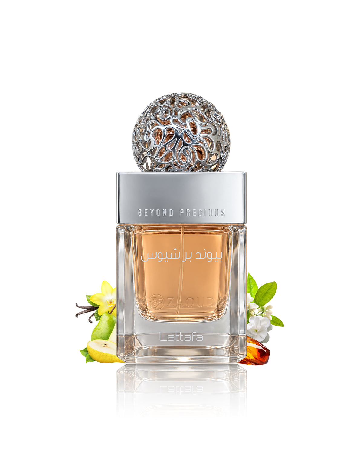  Lattafa Beyond precious perfume bottle with amber liquid, a silver cap, and a decorative silver atomizer top, styled with citrus and vanilla elements on a white background.