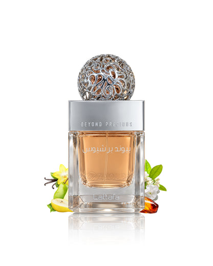  Lattafa Beyond precious perfume bottle with amber liquid, a silver cap, and a decorative silver atomizer top, styled with citrus and vanilla elements on a white background.