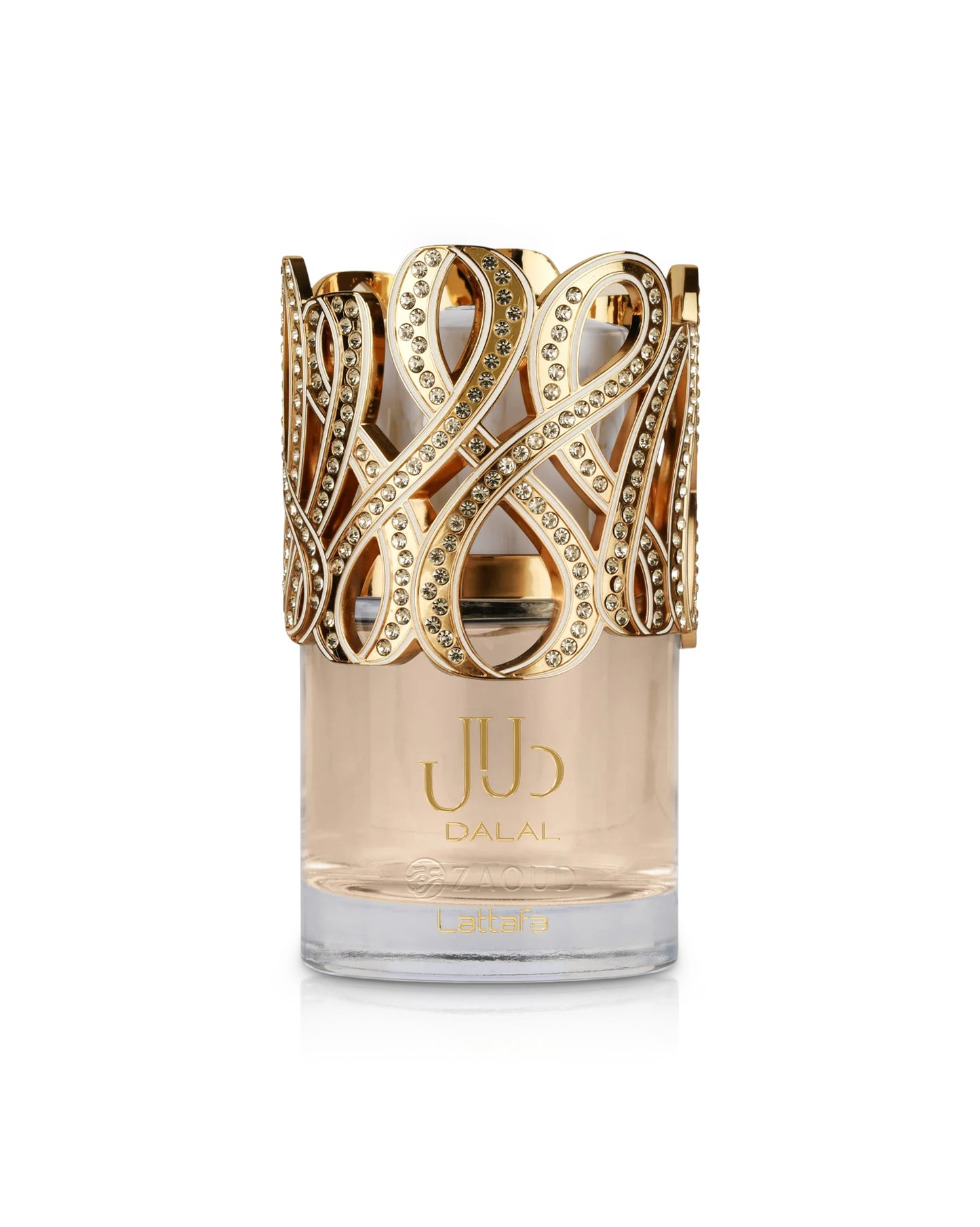 lattafa dalal perfume bottle with golden cap shows against white background