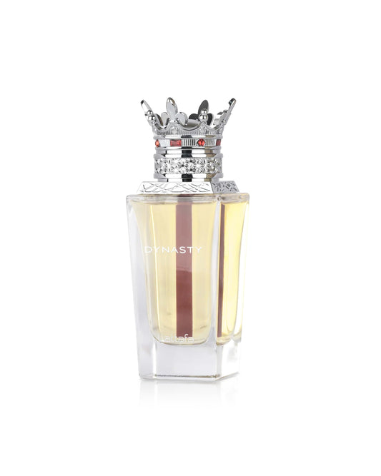 lattafa dynasty Perfume bottle with a decorative crown on a white background