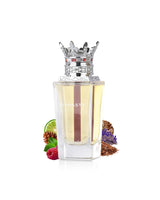 lattafa dynasty Perfume bottle surrounded by raspberry and citrus with a decorative crown on a white background