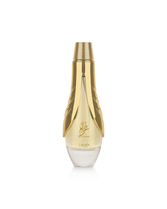 lattafa gharam perfume golden bottle on a white background