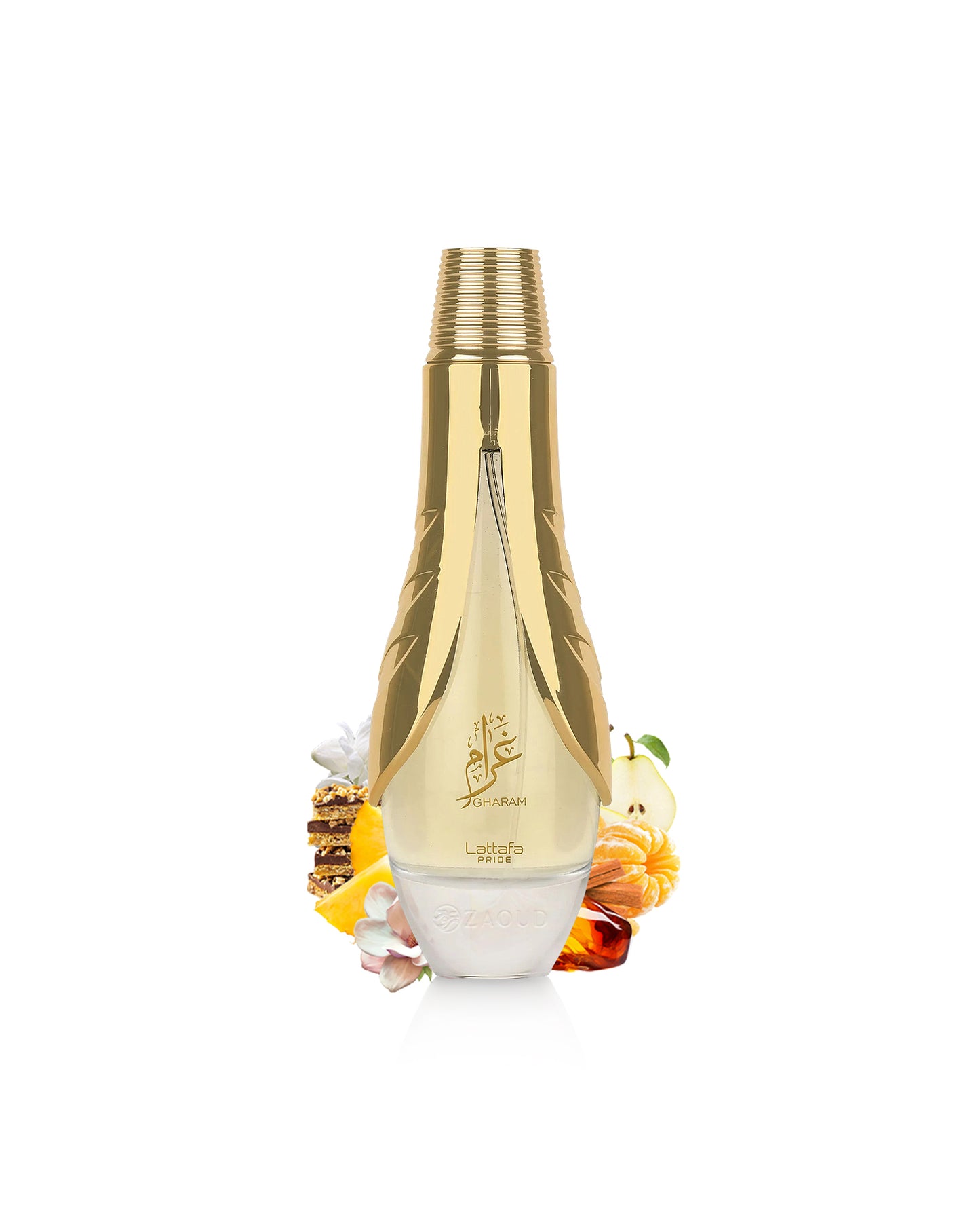 lattafa gharam Gold and white perfume bottle with decorative elements like pear and tangerine on a white background