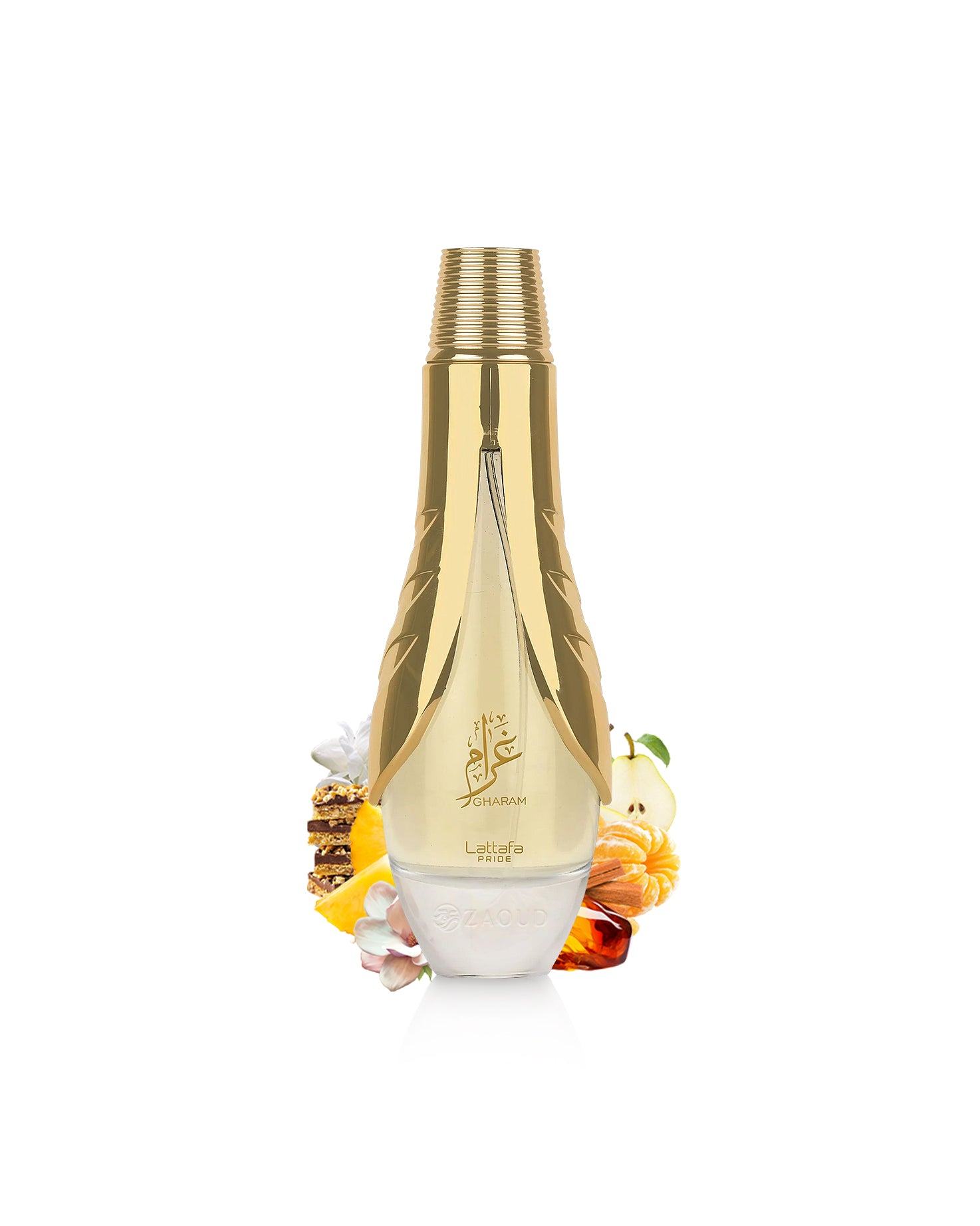 lattafa gharam Gold and white perfume bottle with decorative elements like pear and tangerine on a white background