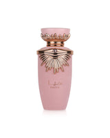 lattafa haya Pink perfume bottle with gold accents on a white background