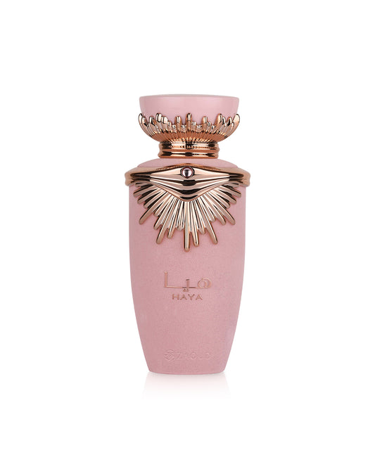 lattafa haya Pink perfume bottle with gold accents on a white background