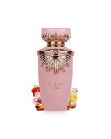 lattafa haya Pink perfume bottle with decorative elements like strawberry and chestnut on a white background