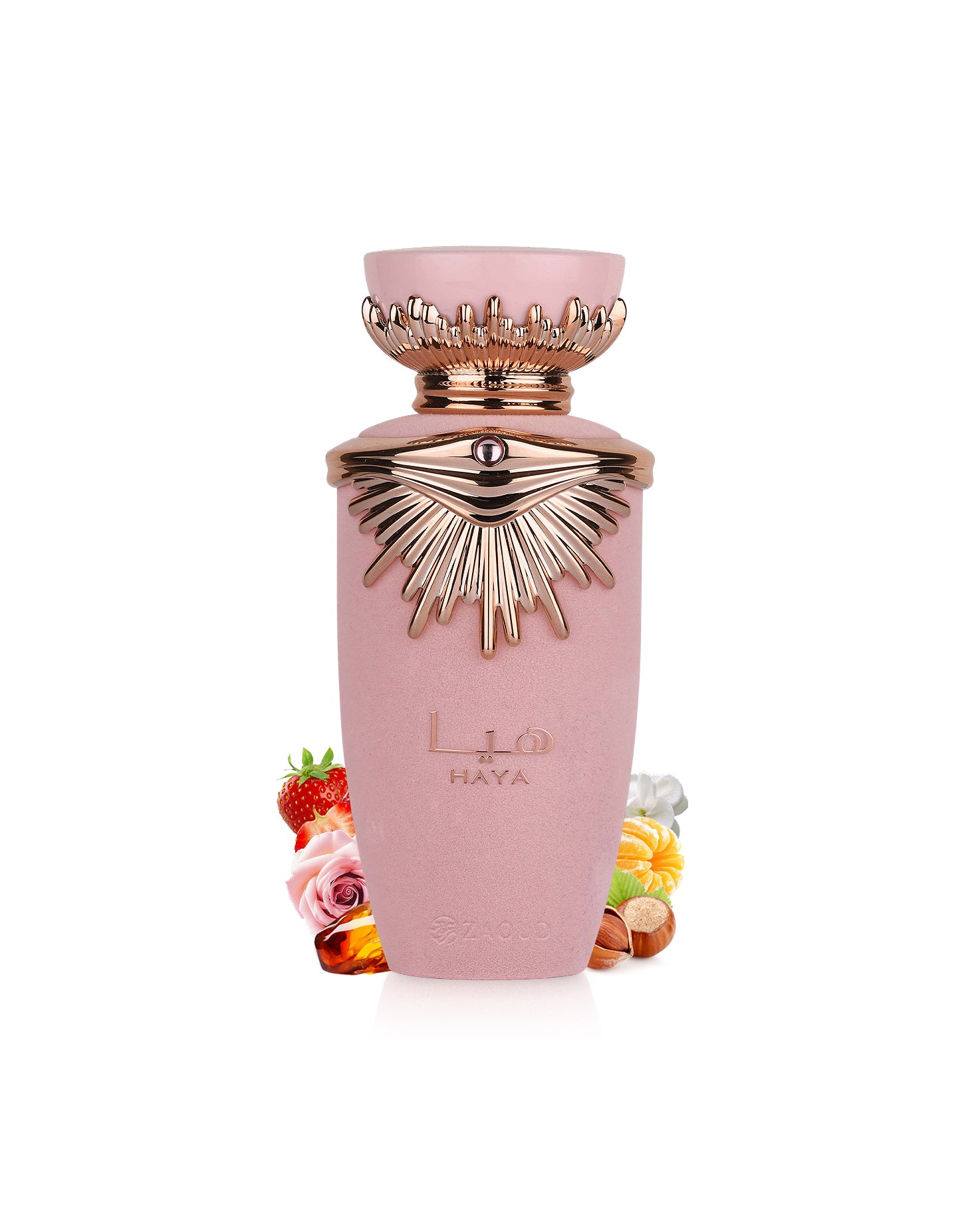 lattafa haya Pink perfume bottle with decorative elements like strawberry and chestnut on a white background