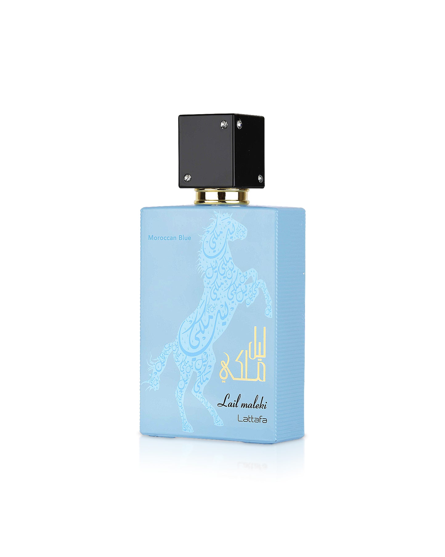 Lattafa LAIL AL MALEKI MOROCCAN BLUE PERFUME BOTTLE SHOWS AGAINST WHITE BACKGROUND