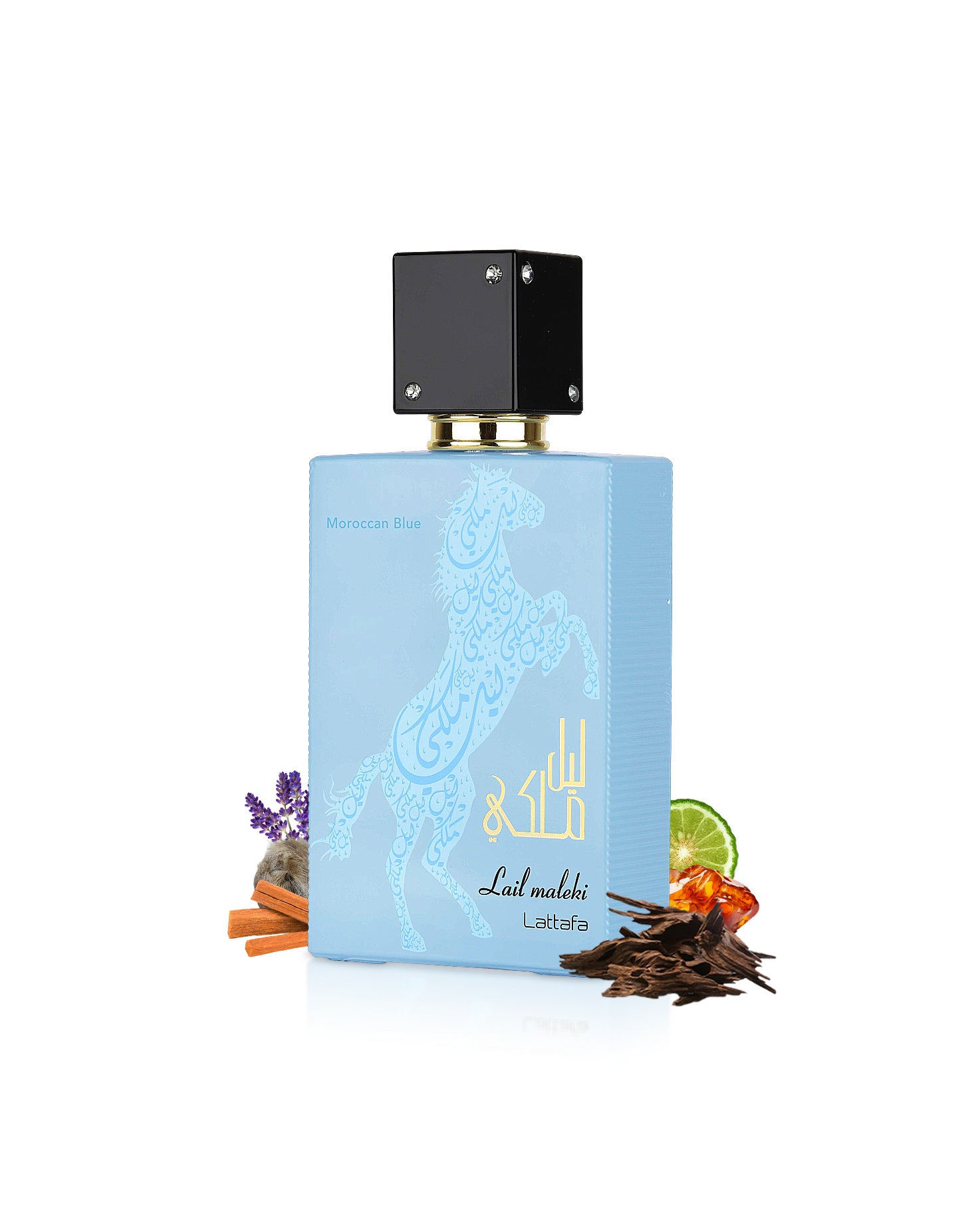 Lattafa LAIL AL MALEKI MOROCCAN BLUE PERFUME BOTTLE SURROUNDED WITH FRAGRANCE NOTES LIKE OUD AND AMBER SHOWS AGAINST WHITE BACKGROUND