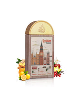 lattafa london the city of contrast perfume bottle surrounded with fragrance notes like lemon and ginger shows against white background