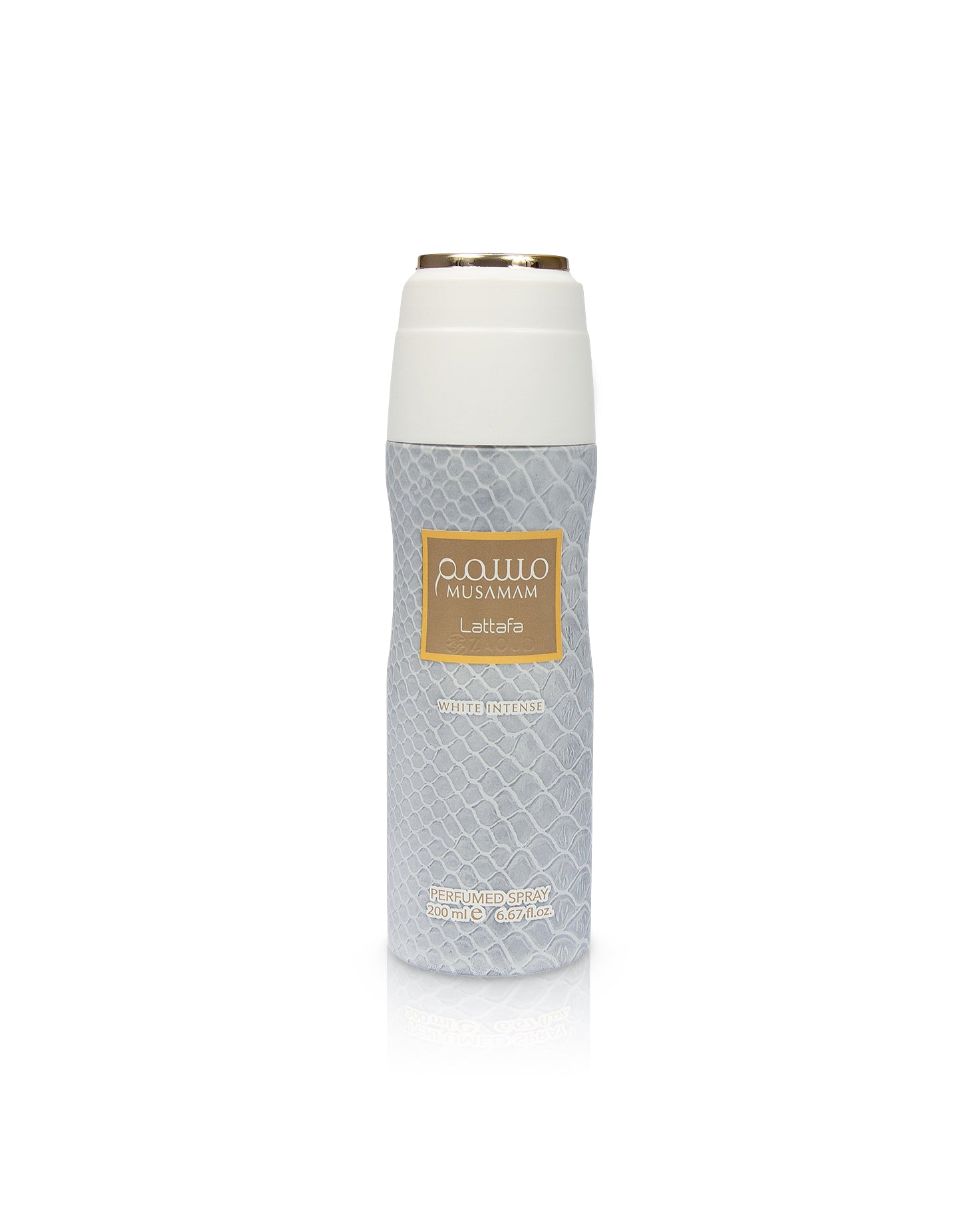 lattafa musamam white intense Deodorant bottle with a white cap and gray body on a white background