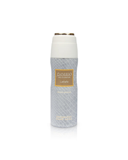 lattafa musamam white intense Deodorant bottle with a white cap and gray body on a white background