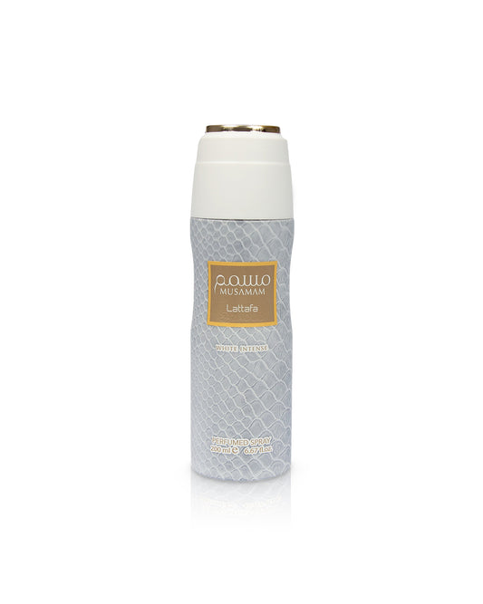 lattafa musamam white intense Deodorant bottle with a white cap and gray body on a white background