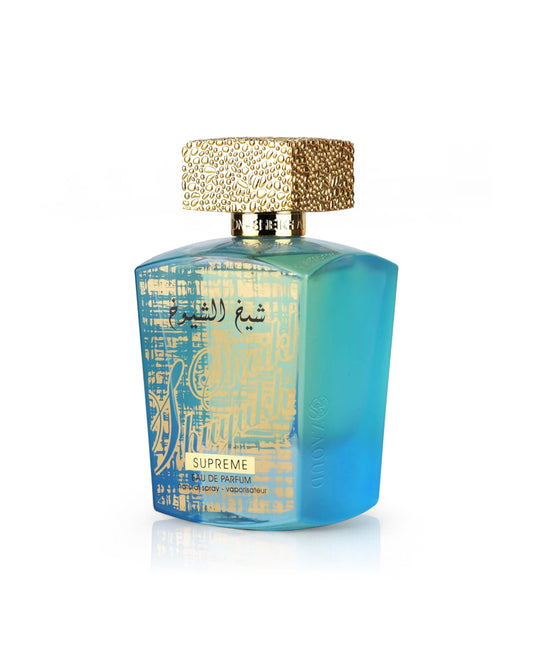 lattafa sheikh al shuyukh supreme Blue perfume bottle with gold cap on a white background