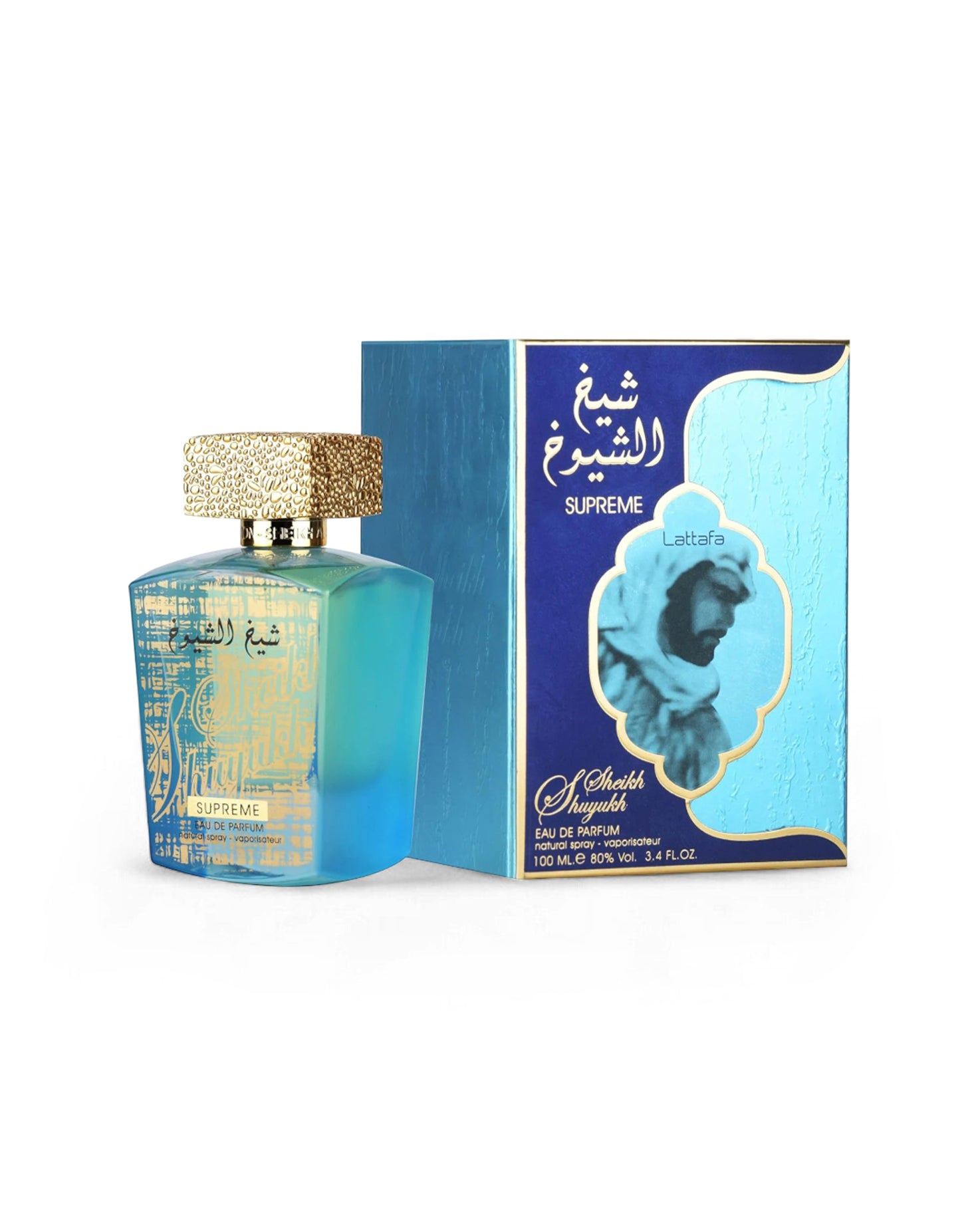 lattafa sheikh al shuyukh supreme Perfume bottle and packaging with gold and blue design on a white background