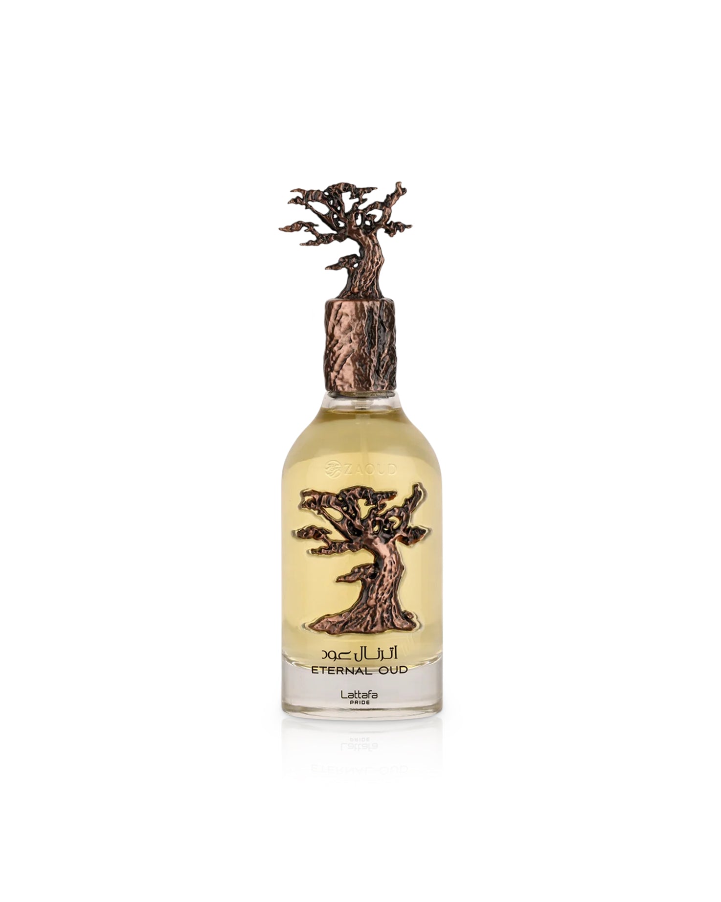 Bottle of Lattafa Eternal Oud perfume with a tree design on a white background