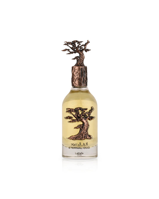 Bottle of Lattafa Eternal Oud perfume with a tree design on a white background
