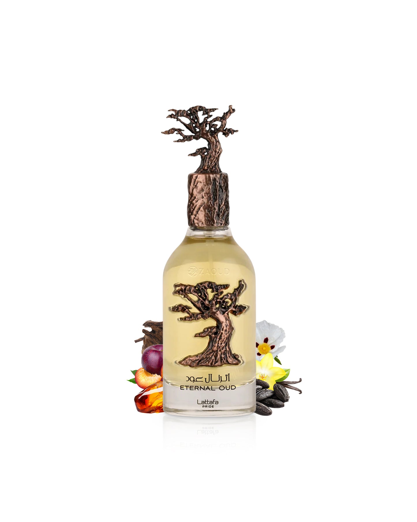 Bottle of lattafa Eternel Oud with decorative elements like amber and tonka on a white background