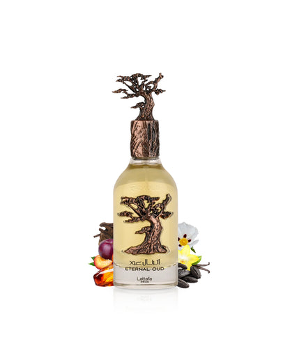 Bottle of lattafa Eternel Oud with decorative elements like amber and tonka on a white background
