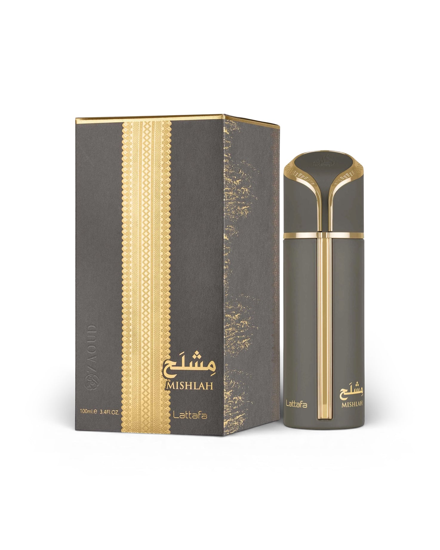 lattafa Mishlah perfume bottle and packaging on a white background