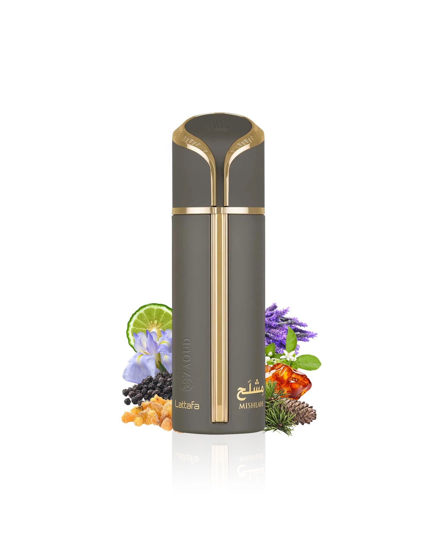 lattafa mishlah perfume bottle surrounded by spices like amber and lavender  shows against white background