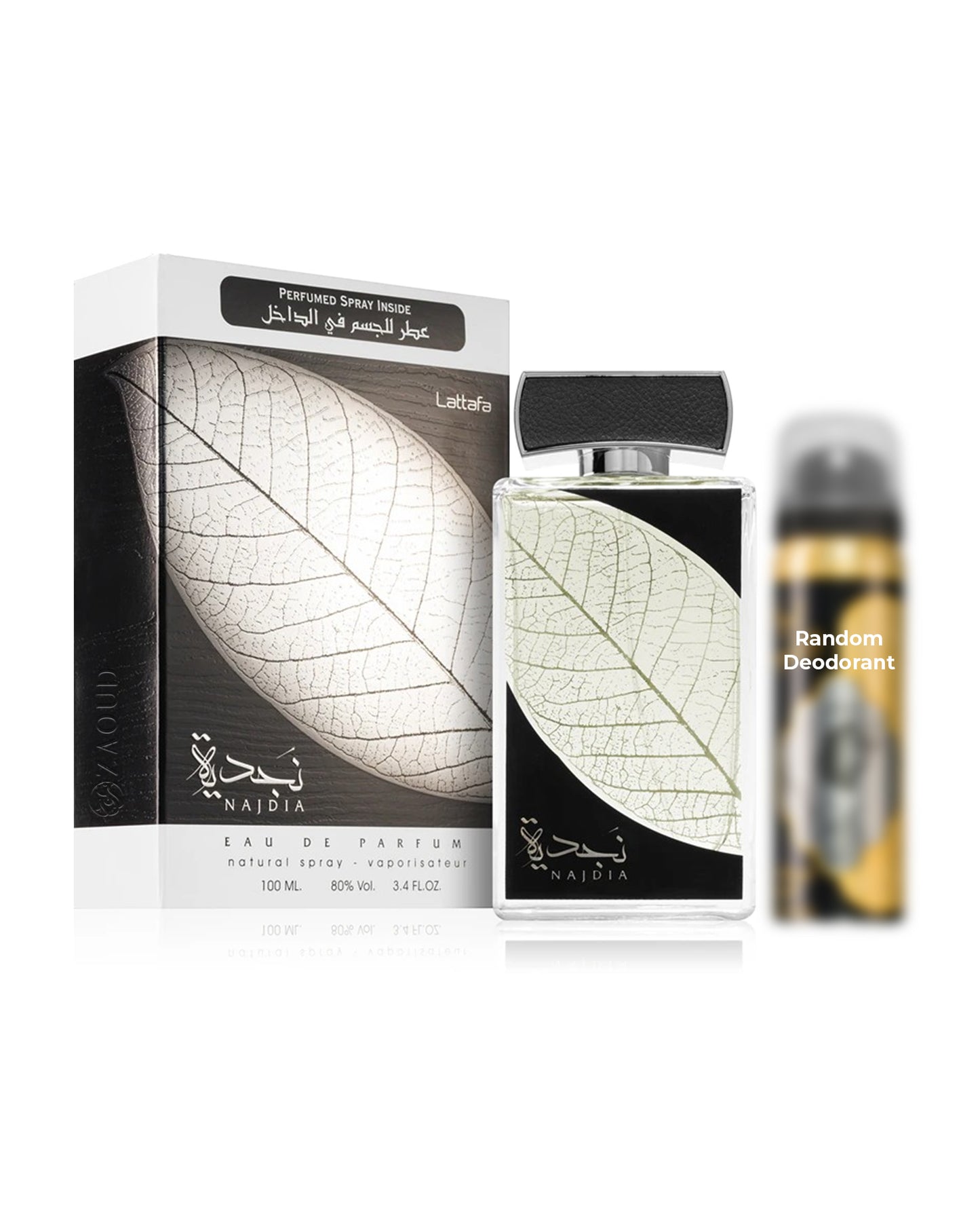 lattafa najdia perfume bottle shows beside its packaging against white background