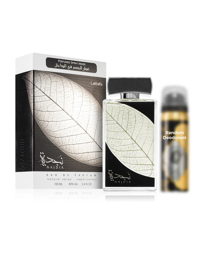 lattafa najdia perfume bottle shows beside its packaging against white background