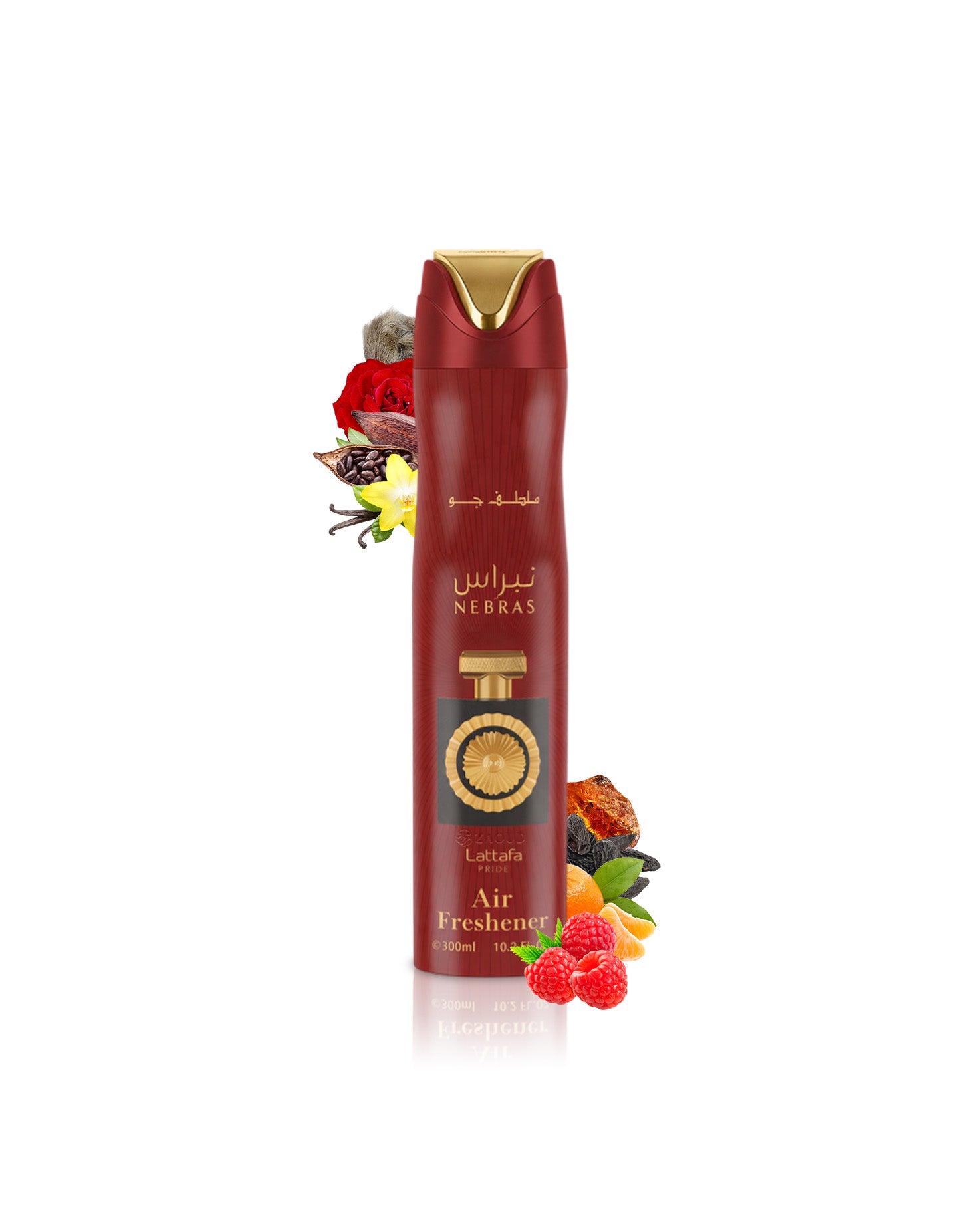 lattafa nebras air freshener bottle surrounded by fragrance notes like raspberry and vanilla shows against white background