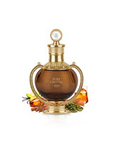 lattafa pure crystal perfume bottle surrounded by fragrance notes like spices and amber shows against white background