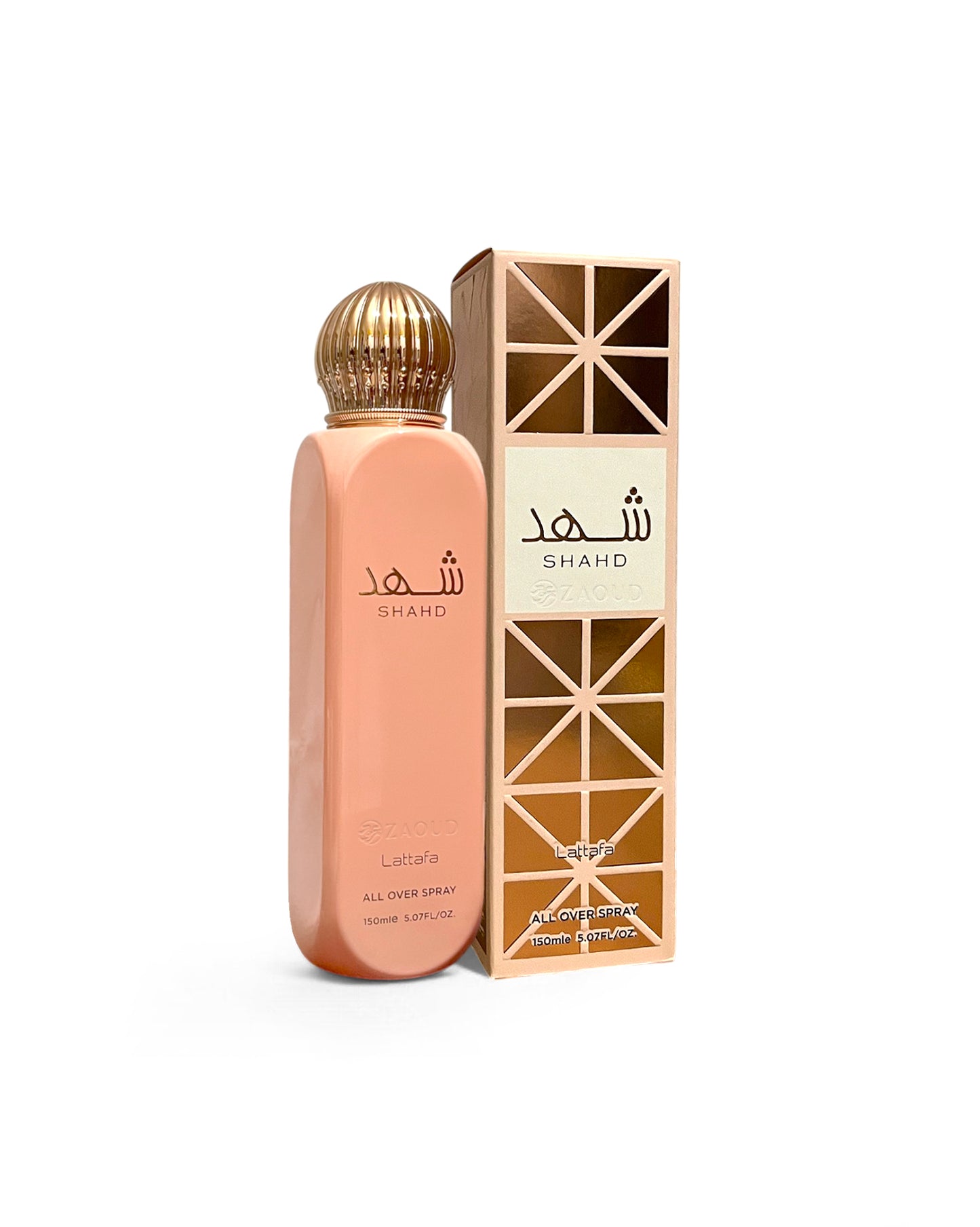 lattafa shahd all over spray bottle shows beside its box frontside against white background