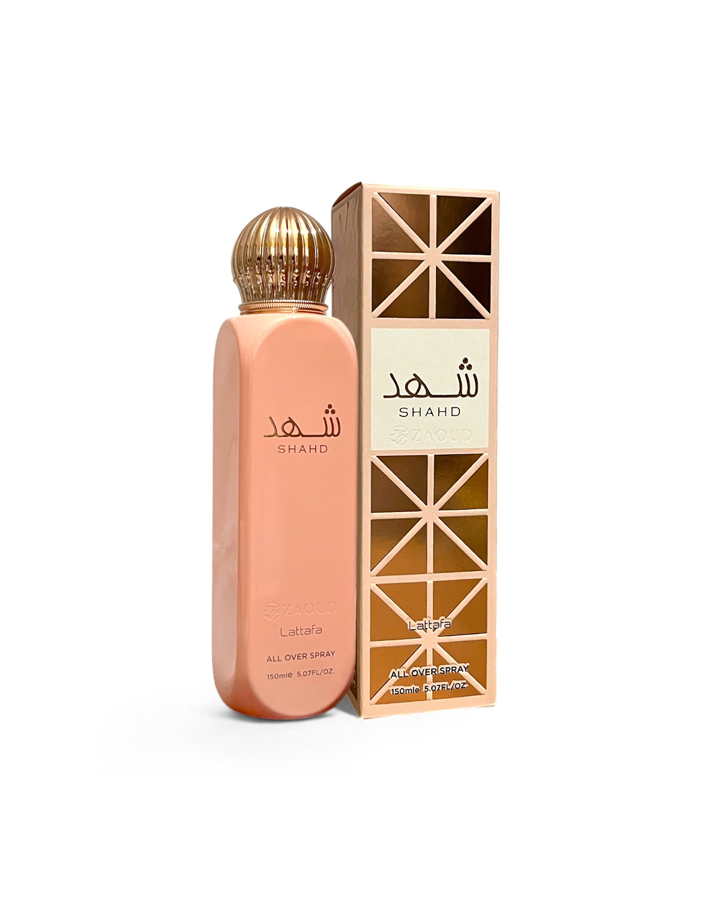 lattafa shahd all over spray bottle shows beside its box frontside against white background