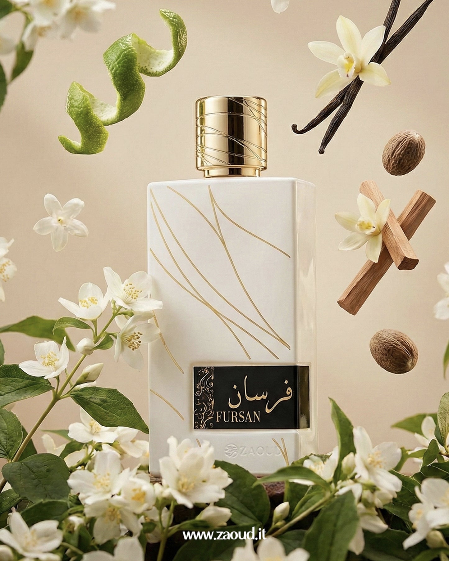 Lattafa_Fursan_White Perfume bottle with floral and vanilla bean elements on a beige background